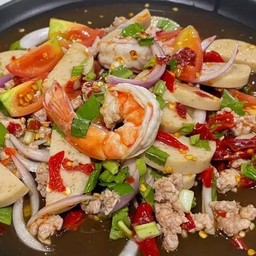 ยำรวม กุ้ง+วุ้นเส้น+หมูสับ+หมูยอ