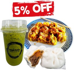 ชุดยอดนิยม (เปาหมูสับไข่เค็มx1 + ขนมจีบหมูx12ลูก + ชาเขียวเย็นx1)