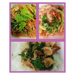 ผัดกระเพรากุ้ง+ข้าวผัดปลาหมึก+สุกี้แห้งหมู