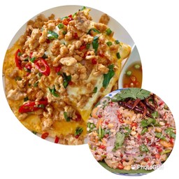 เซ็ต ข้าวไข่ข้นกระเพราหมู+ยำวุ้นเส้นโบราณ (ไม่ใส่กุ้งแห้ง)