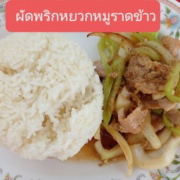 ผัดพริกหยวกหมูหมักน้ำมันงา ราดข้าว+ฟรีไข่ดาว หรือกุนเชียงทอด