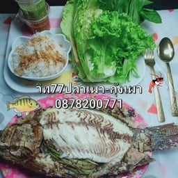 ปลาเผาพร้อมชุดเมี่ยงน้ำหนักปลา1กิโลมีผัก4แบบกาดขาว ผักหอม ชีฝรั่ง โหระภา มีเส้นหมี่ ถั่วคั่ว หอมเจียว..