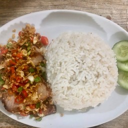 คอหมูผัดพริกเกลือราดข้าว+ไข่ตุ๋น