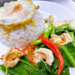 คะน้ากุ้งราดข้าว