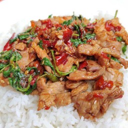 ผัดกะเพราหมูชิ้นราดข้าว