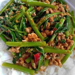 ผัดพริกแกงผักบุ้งหมูสับราดข้าว