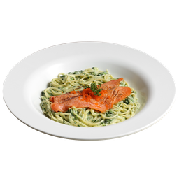 Creamy white sauce spaghetti with smoked salmon and spinach