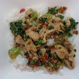 ผัดกะเพราหมูชิ้น ราดข้าว