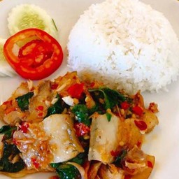 ผัดกระเพราแห้งหมูป่าราดข้าว