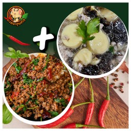 กะเพราหมูสับ + ซุปเต้าหู้สาหร่าย ขุนช้าง