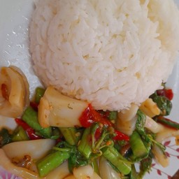 กระเพราปลาหมึกราดข้าว