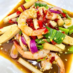ยำแซ่บไหลบัวกุ้งสุก+หมูยอปลาร้า