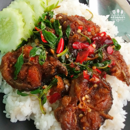 กะเพราปลาดุกทอดราดข้าว