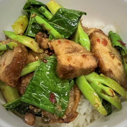 ผัดผักคะน้าราดข้าว (เลือกเนื้อสัตว์ได้)