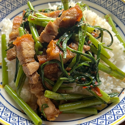 ผัดผักบุ้งราดข้าว (เลือกเนื้อสัตว์ได้)