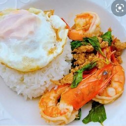 ผัดกระเพรากุ้งไข่ดาว ราดข้าว