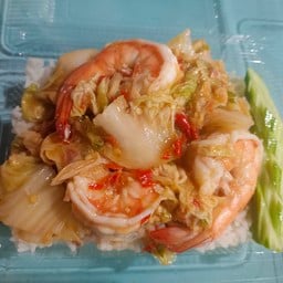 ผัดผักกาดกุ้งสด ราดข้าว