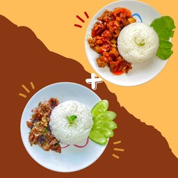 ข้าวกระเพราสันคอ + ข้าวหมูหมักกระเทียมทอดกรอบๆ