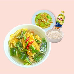ไข่เจียวเล้งแซ่บ+กะหล่ำปลีผัดน้ำปลา+ข้าวหอม+ชาลิปตัน