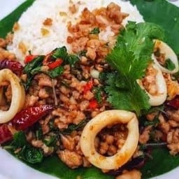 Rice Topped With Stir-Fried Minced Pork, Squid And Basil