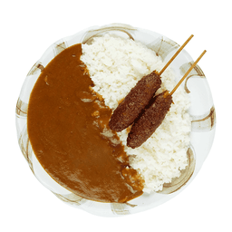 ข้าวแกงกะหรี่และหมูเสียบไม้ทอดราดซอสมิโซะ