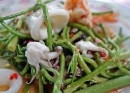 ยำกระเฉดปลาหมึก