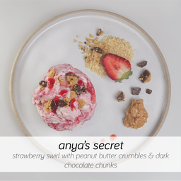 strawberry swirl with peanut butter crumbles & dark chocolate chunks