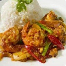 กุ้งผัดน้ำพริกเผาราดข้าว