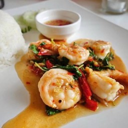 กุ้งผัดซอสกระเพราราดข้าว