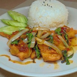 ไก่กรอบผัดซอสกระเพราราดข้าว