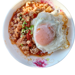 ไข่ระเบิดซอสมะเขือเทศหมูสับราดข้าว