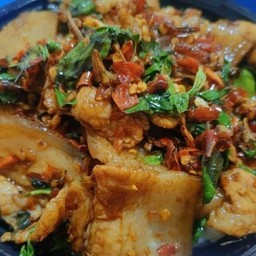 Stir-Fried Pork Belly With Basil Over Rice