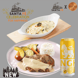 สเต๊กสันคอหมูหมักเบียร์ + ผักโขม อบชีส + สิงห์เลมอนโซดา (กระป๋อง)