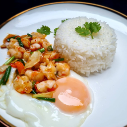 กุ้งผัดพริกขี้หนู ไข่ลาวา
