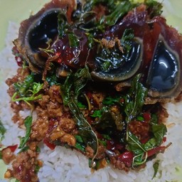 ข้าวกระเพราหมู+ไข่เยี่ยวม้า