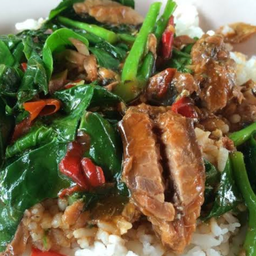 ผัดคะน้าปลากระป๋อง ราดข้าว
