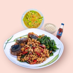 กะเพราไข่เยี่ยวม้า+แตงกวาผัดไข่+ข้าวหอม+เป๊ปซี่ 1 ขวด