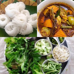 Rice Noodles With Fish Curry + Fresh Vegetables