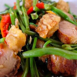 ผัดผักบุ้งหมูกรอบ(ราดข้าว)