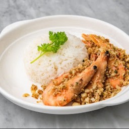 ข้าวราดกุ้งแชบ๊วยเนยกระเทียม