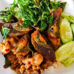 กะเพราหมูสับไข่เยี่ยวม้าราดข้าว