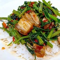 ข้าวผักบุ้งหมูกรอบ
