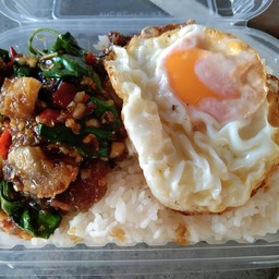 ผัดกะเพราหมูกรอบไข่เยี่ยวม้า+ไข่ดาว