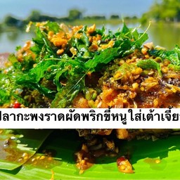 กะพงผัดพริกขี้หนูใส่เต้าเจี้ยว จาน