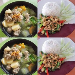 ข้าวสวย+กระเพราไก่+แกงจืดเต้าหู้หมูสับ