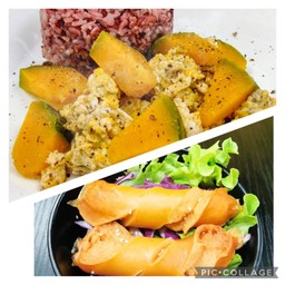 ข้าวฟักทองผัดไข่+ไส้กรอกไก่คลีนแตก 2 ชิ้น