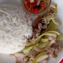 ผัดพริกหยวกหมูชิ้นราดข้าว