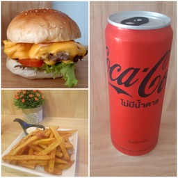 Cheese burger with French fries +coca cola zero