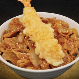ข้าวหน้าหมูผัดซอสเกาหลี + กุ้งเทมปุระ