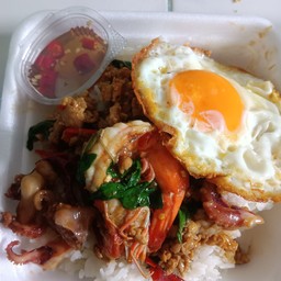 Basil Rice, Pork, Squid, Shrimp + Fried Egg